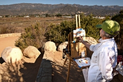 On Friday, October 26, 2012, Carpinteria Plein Air Painters Christine Crooks (pictured), Chris Sobell, Babs Runyon, Meg Ricks and Linda Collins paint at the Carpinteria Salt Marsh in Carpinteria, Calif. The group gets together regularly to encourage each other to practice and participate in their craft. (Photo by Victoria Linssen / Brooks Institute © 2012)