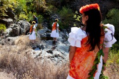Pilialoha Christiansen has her Kumu Hula dancers perform a sacred ritual on the land in preparation to dance at the Indigenous Peoples Gathering and Harvest in Grass Valley, Calif., on Sunday, October 9, 2011. (Photo by Victoria Linssen / Brooks Institute ©2011)