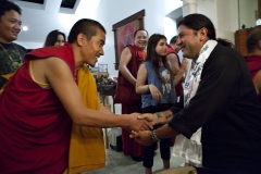 On Wednesday, September 19, 2012, Andrew Soliz and his wife Carrie Woodburn hosted Tibetan monks from the Drepung Loseling Phukhang monastery in southern India at their home in Laguna Beach, Calif. Soliz, a Native American, invited the monks into his tipi where they shared chants and prayers for all peoples around the world, especially those who have been displaced from their lands. The visit was important for Soliz who has been the subject of controversy over his sweat lodge ceremonies he's performed at his home since moving to Laguna earlier this year. (Photo by Victoria Linssen / Brooks institute © 2012)